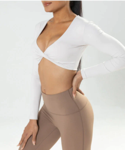 Women’s Malani Long Sleeve Crop Top – White | Lightweight Stretch Active Top with Twist Front