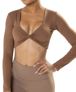 Women’s Malani Long Sleeve Crop Top – Coffee | Lightweight Stretch Active Top with Twist Front