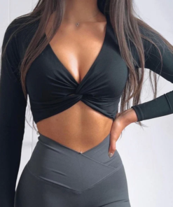 Women’s Malani Long Sleeve Crop Top – Black | Lightweight Stretch Active Top with Twist Front